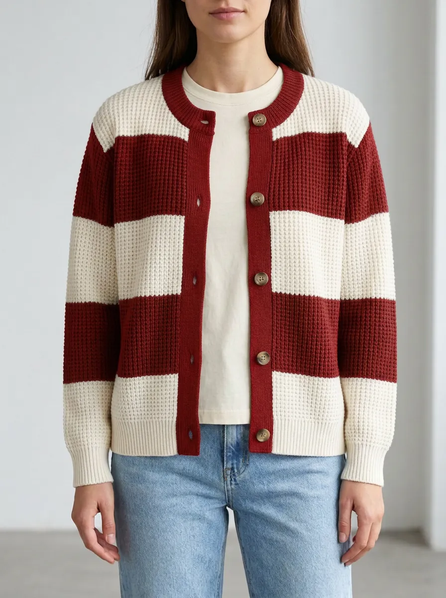 Rugby Striped Waffle Knit Cardigan
