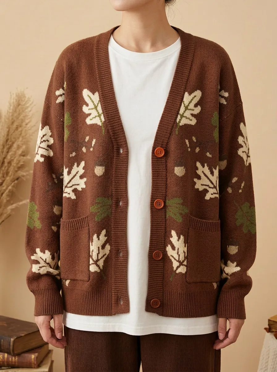 Harvest Oak Leaf Acorn Patterned Women's Knit Cardigan