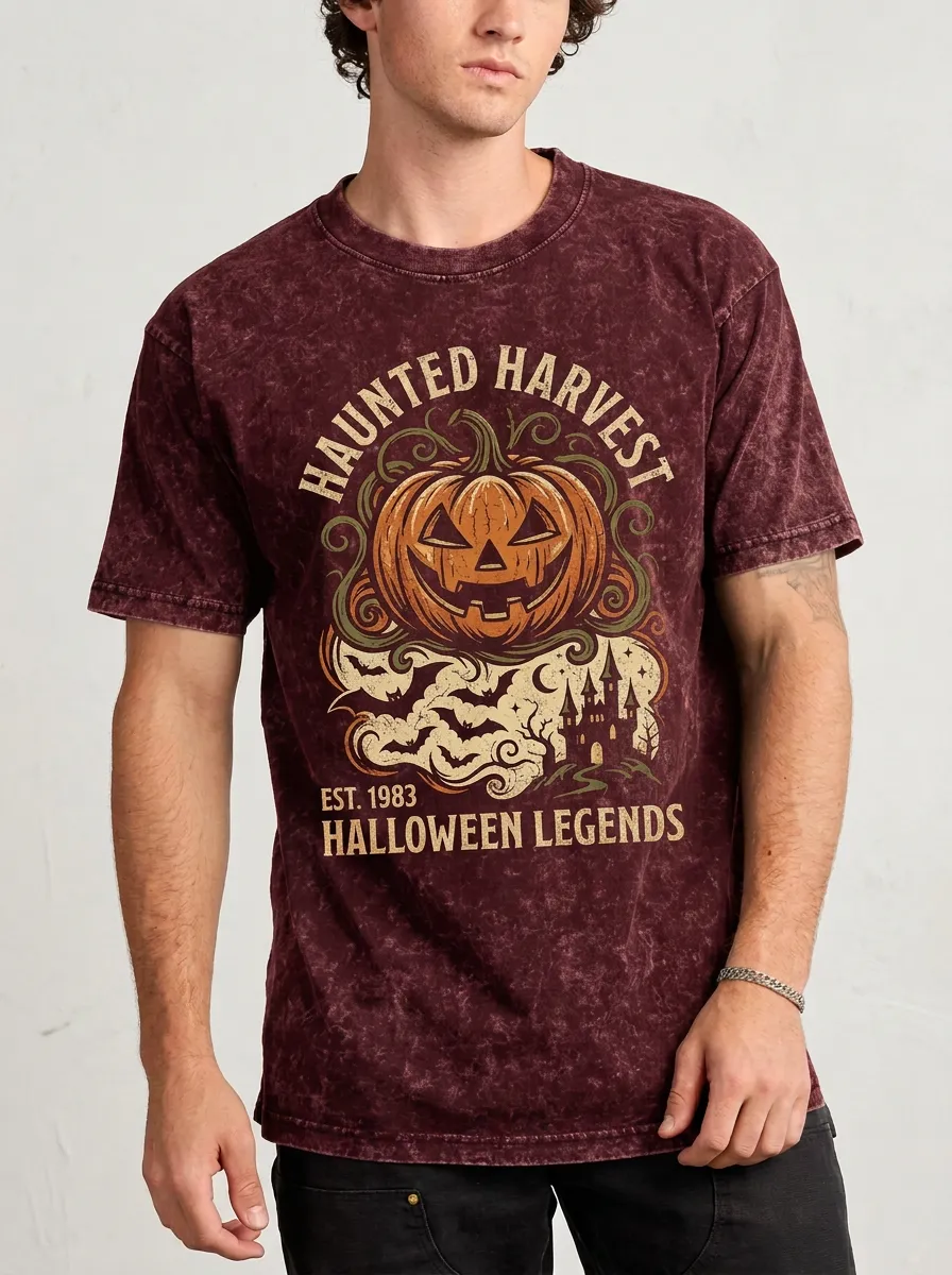 Men's Halloween Haunted Harvest Pumpkin Castle Printed T-shirt