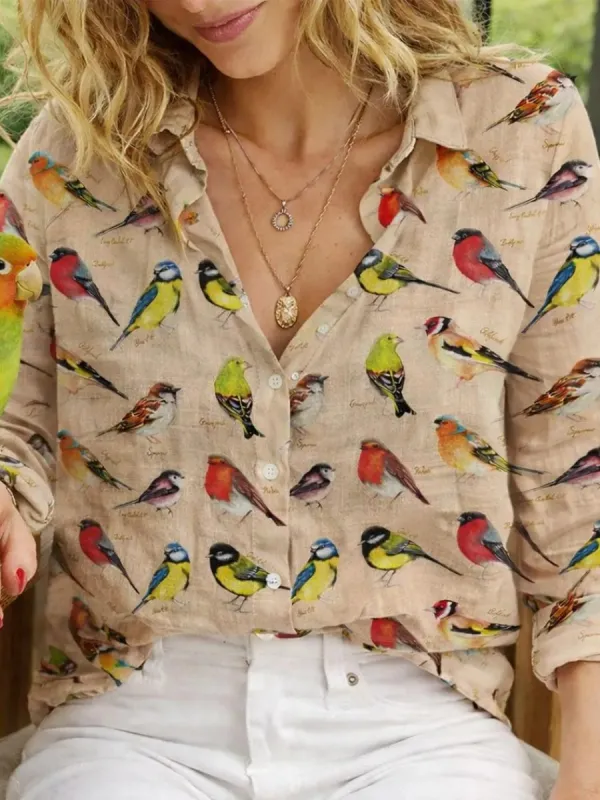 Vintage Bird Print Button-Up Shirt