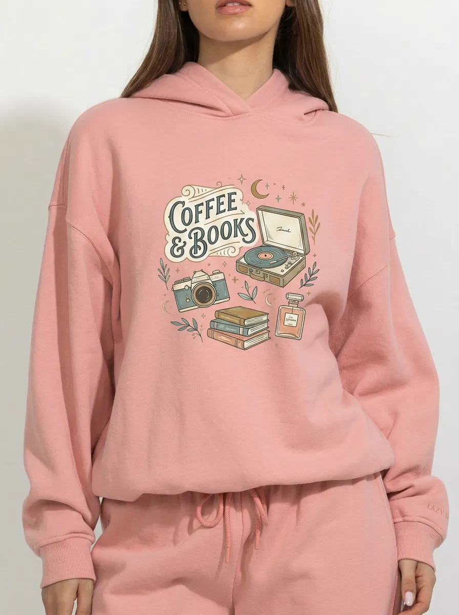 Women's Coffee Books Record Player Camera Printed Hoodie