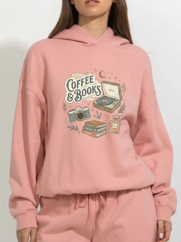 Women's Coffee Books Record Player Camera Printed Hoodie