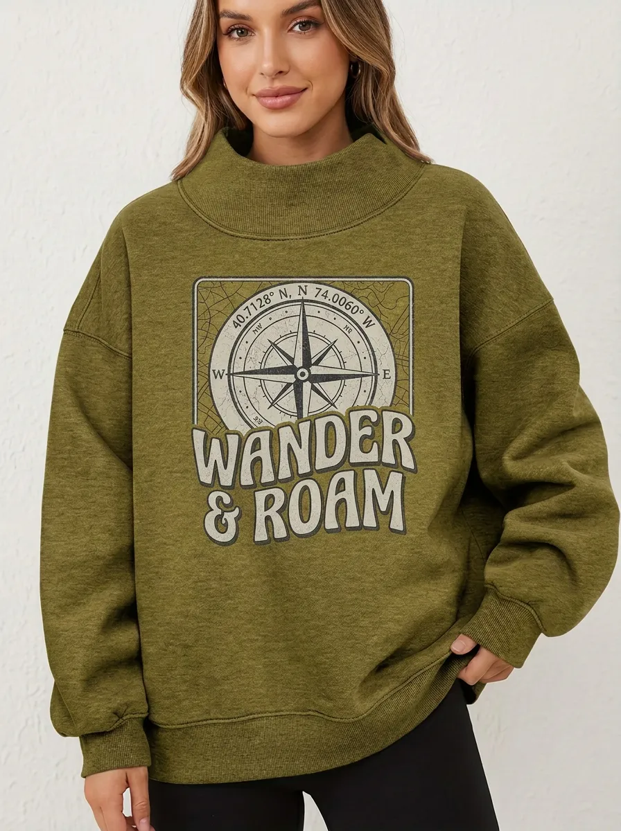 Travel Wanderer Compass Wander and Roam Mock Neck Sweatshirt