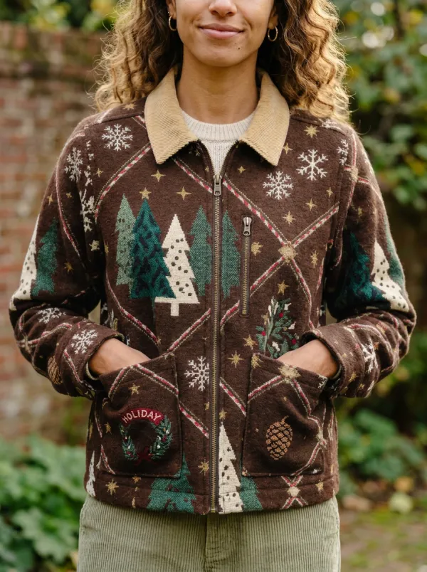 Festive Christmas Holiday Tree Snowflake Pattern Print Jacket