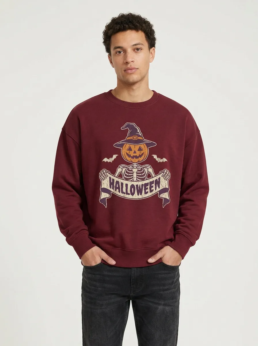 Men's Halloween Skeleton Pumpkin Witch Hat Sweatshirt