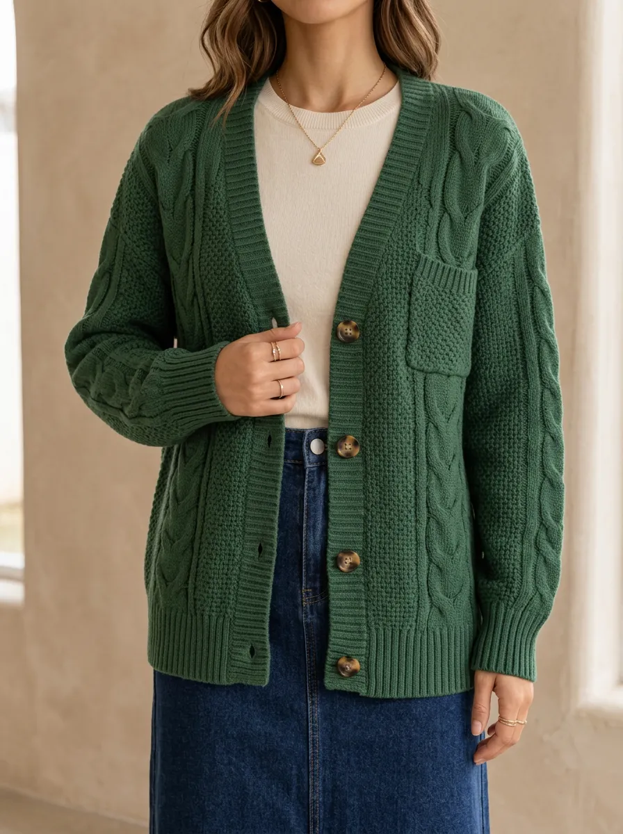 Women's Weekend Layered Cable Knit Button Front V Neck Cardigan