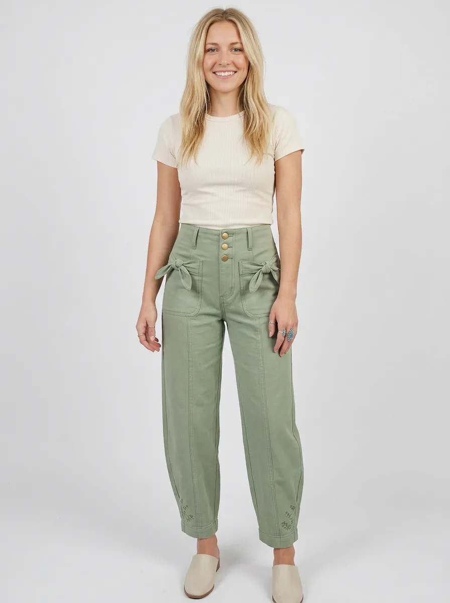Women's Western Style Sage Green Bow-Tie Waist Printed Pants