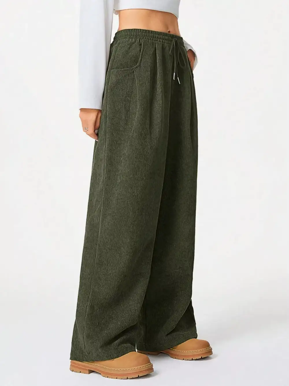 Corduroy Drawstring Relaxed Fit Pocketed Casual Pants