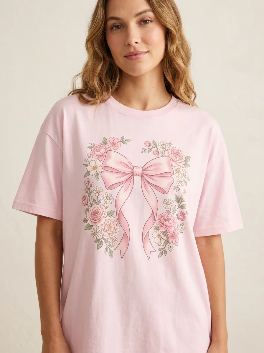 Women's Breast Cancer Awareness Pink Bow Floral Printed T-shirt