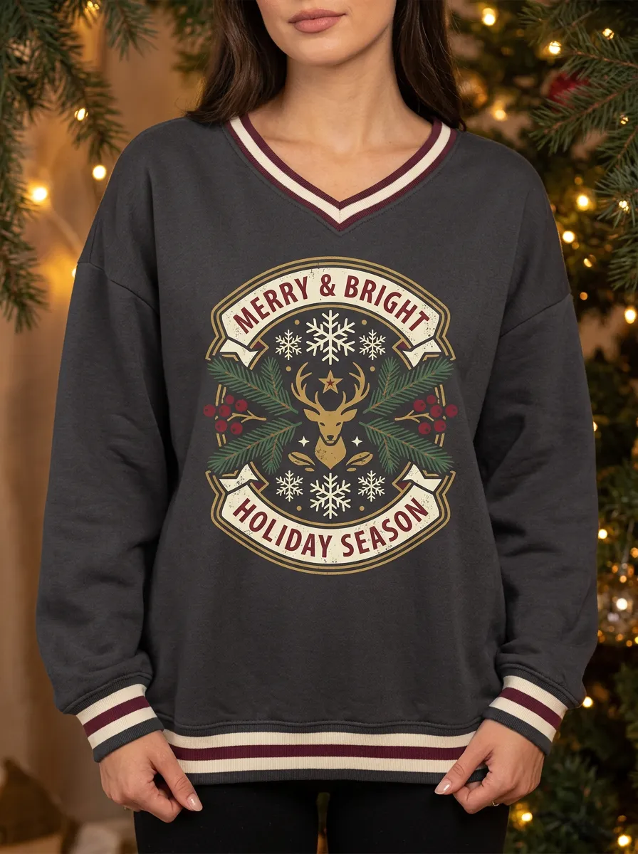 Christmas Reindeer Snowflake Merry & Bright Print Sweatshirt