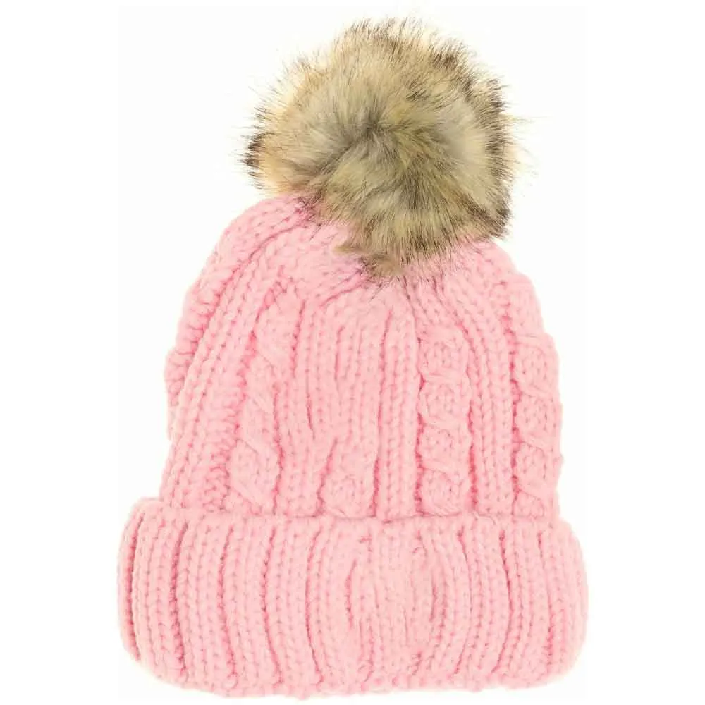 Cable Ribbed Fur Pom Beanie
