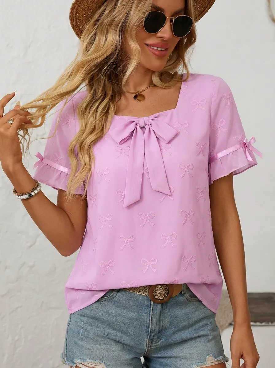 Women's Square Neck Bow-detail Bow Embroidered Blouse