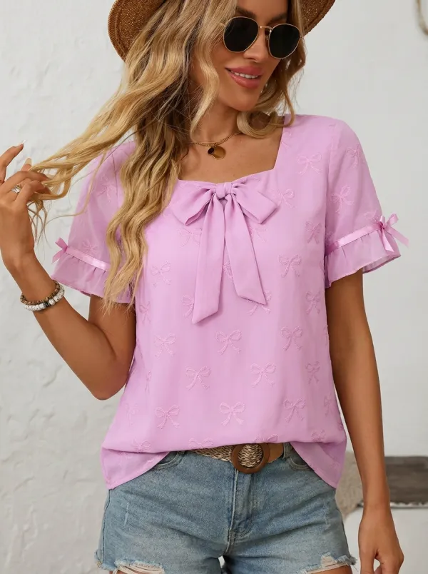 Women's Square Neck Bow-detail Bow Embroidered Blouse