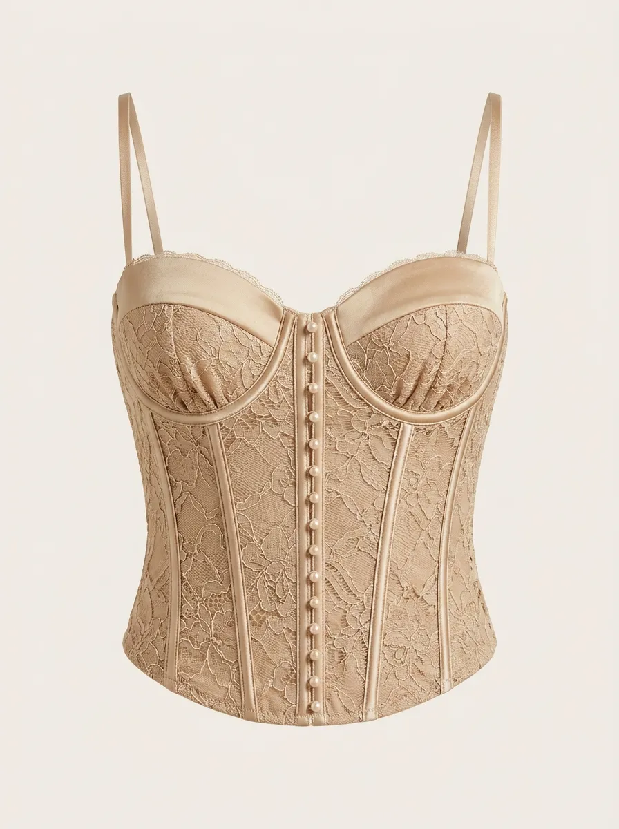 Floral-Lace Satin-Style Button-Front Women's Corset Top