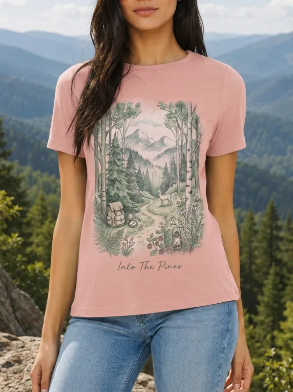 Women's Nature Hiking Deer Forest Mountain Printed T-shirt