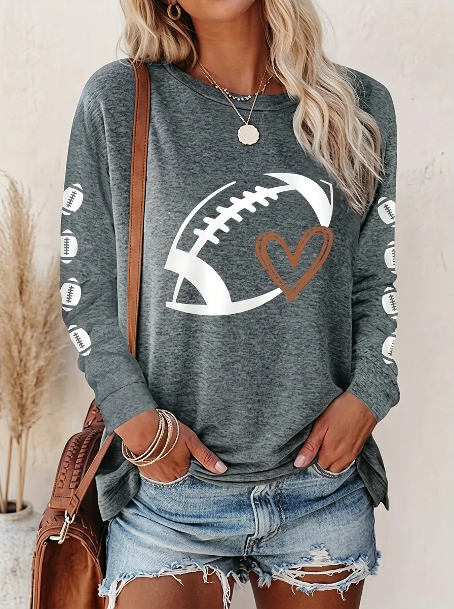 Women's Casual Gridiron Heart Ball Crewneck Long Sleeve T-Shirt