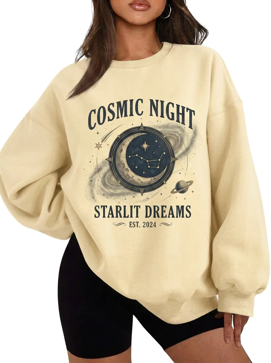 Women's Cosmic Night Starlit Dreams Moon Planet Printed T-shirt