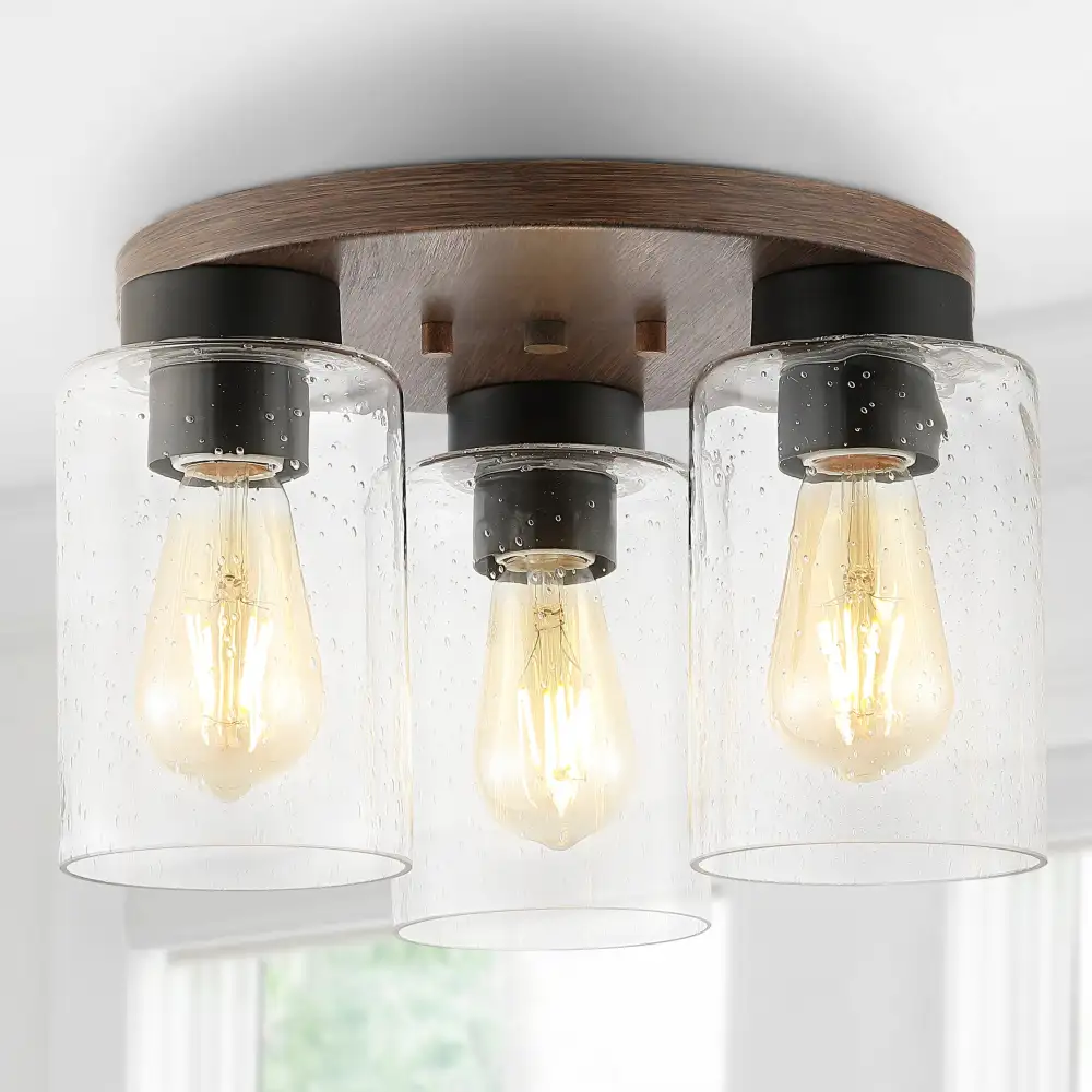 Triple-Light Bohemian Farmhouse Iron Seeded Glass LED Semi Flush Mount