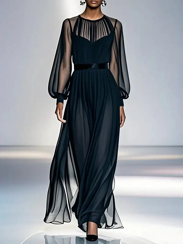 False Pleated Neck Maxi Dress