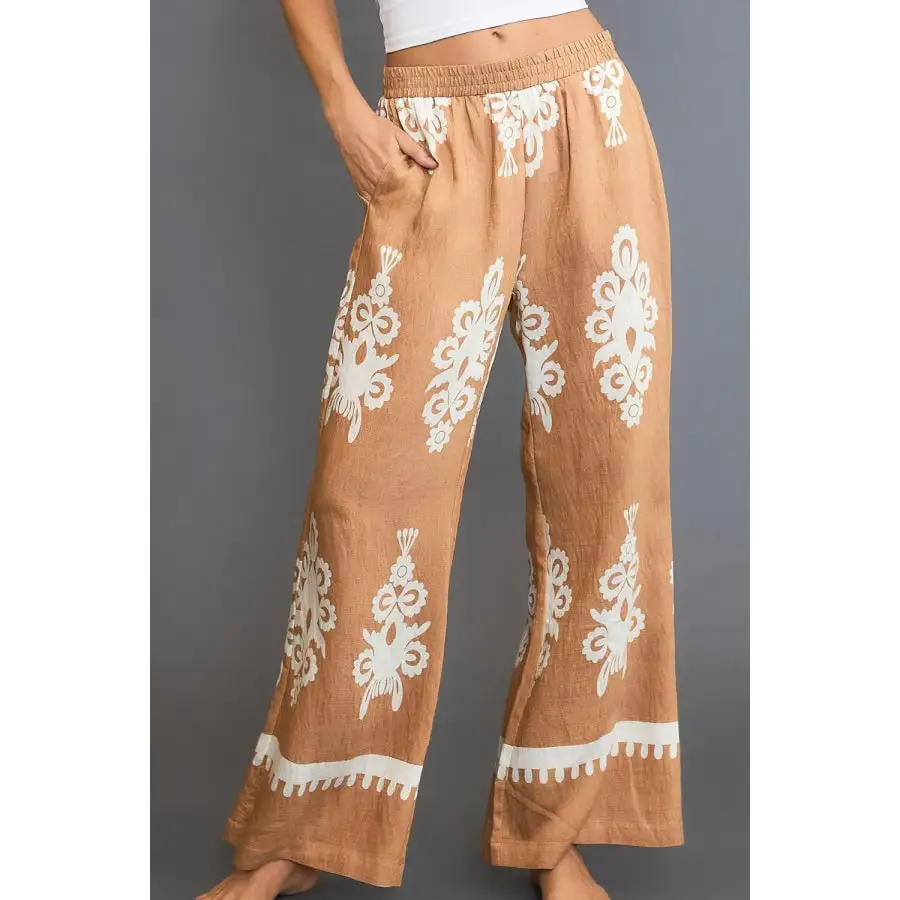 Full Size Border Print Wide Leg Pants Plus Size