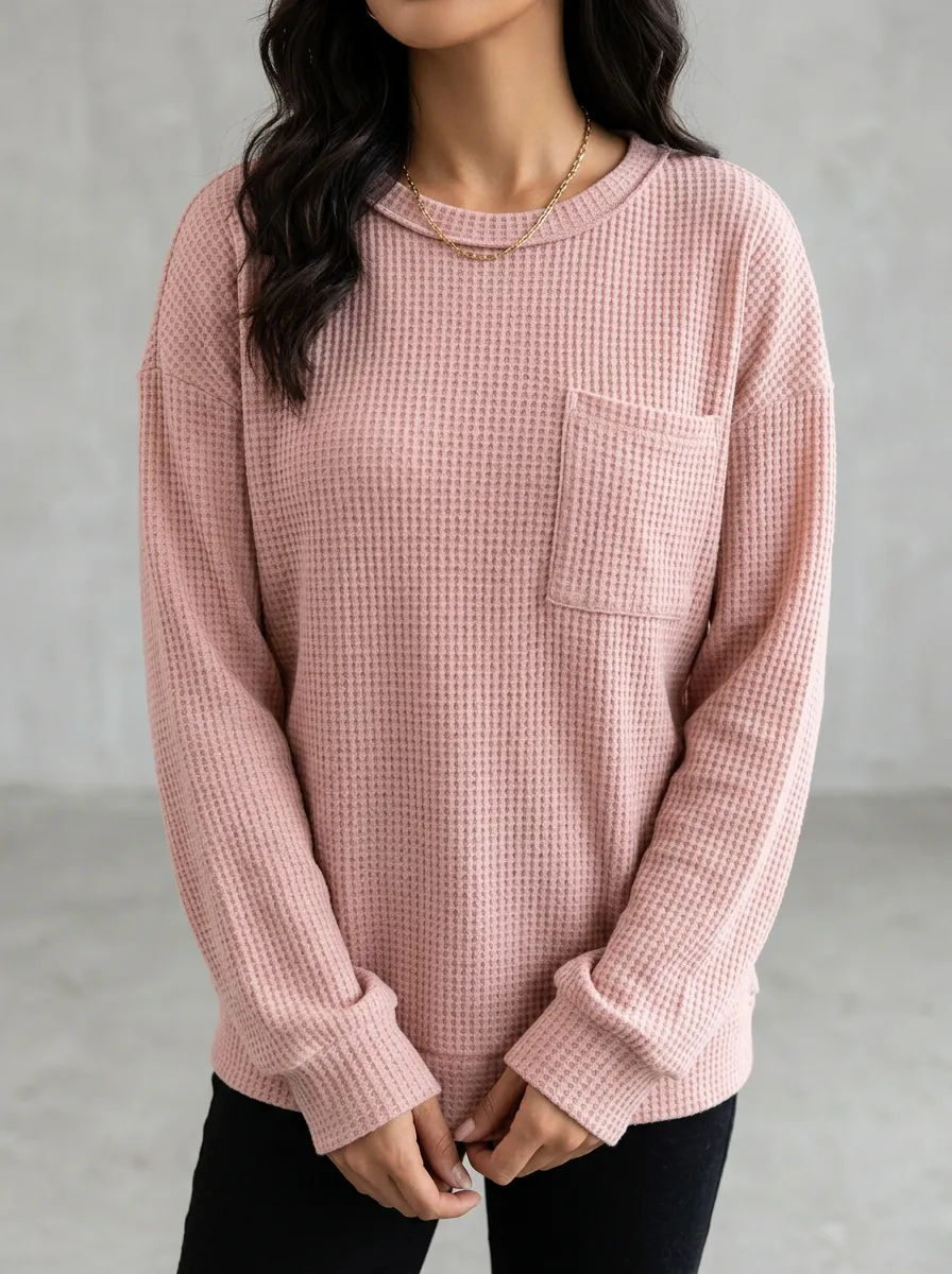 Women's Casual Pink Waffle Knit Pocket Long Sleeve Sweatshirt