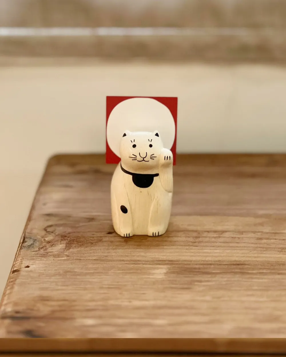 Carved Wooden Lucky Cat Figurine