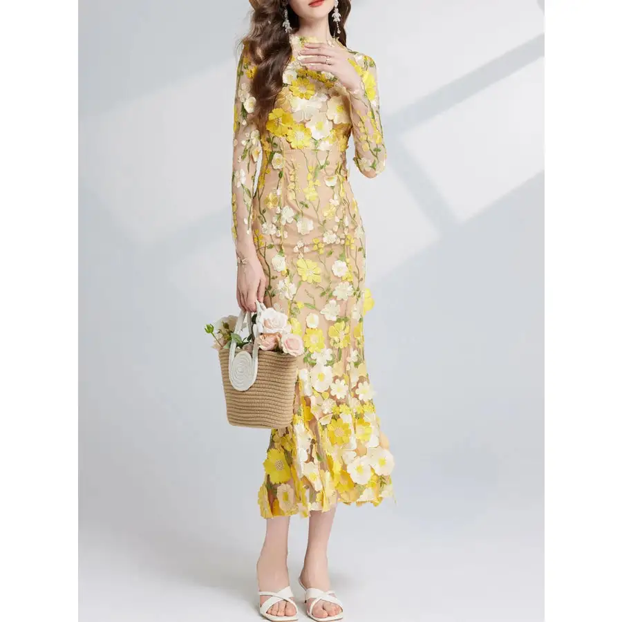 Embroidered Mesh Long Sleeve Midi Dress
