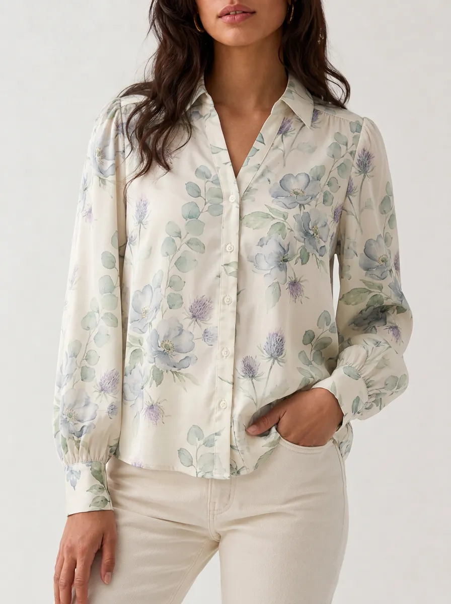 Women's Botanical Floral Thistle Printed Button-Down Shirt