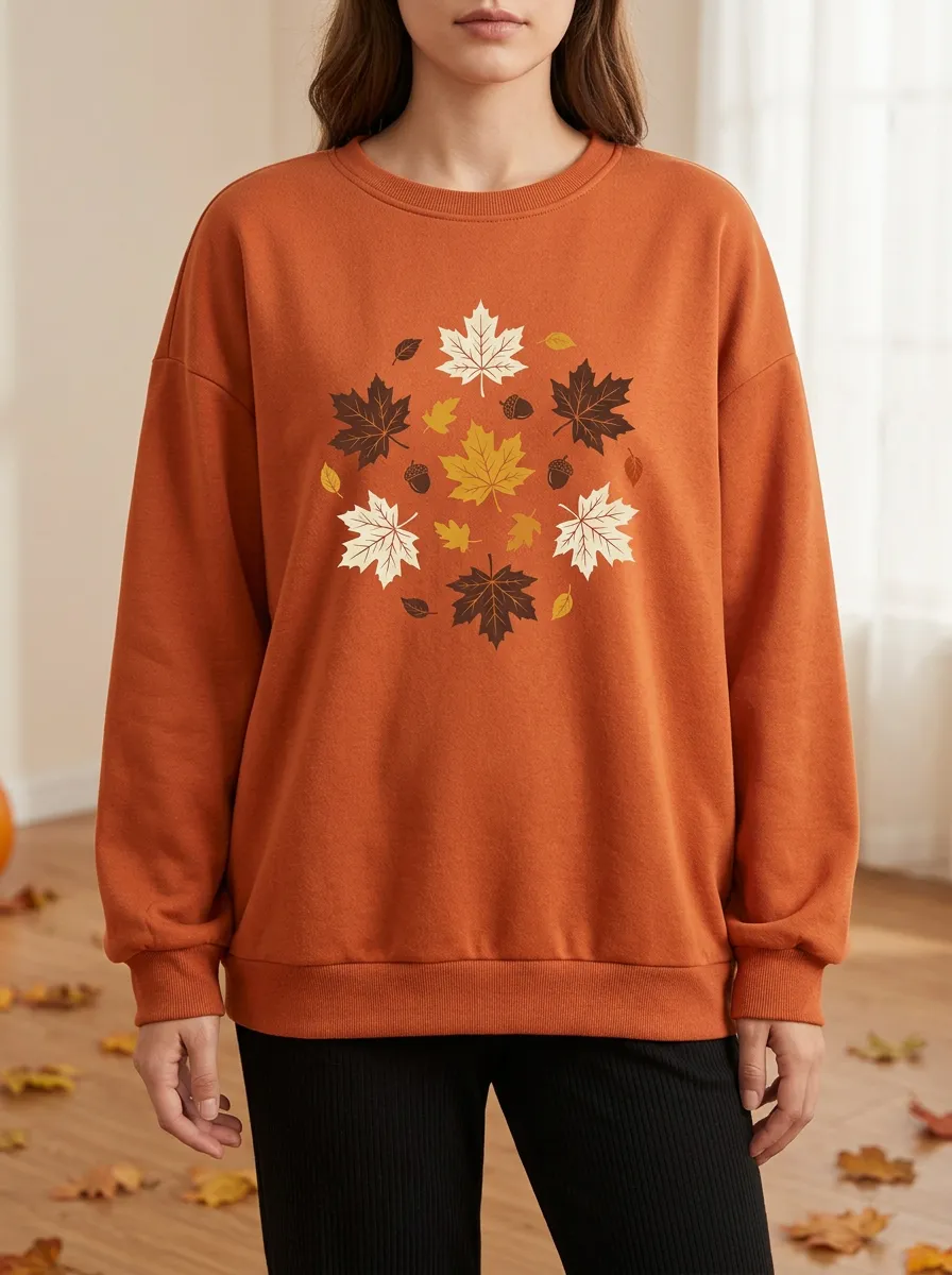 Textured Design Maple-Leaf Printed Acorn Graphic Sweatshirt