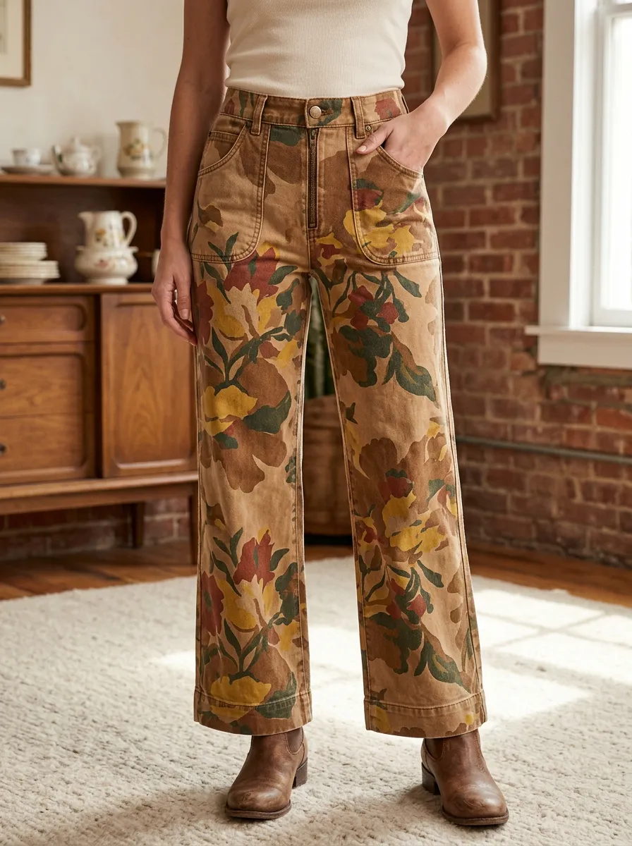 Women's Modern Vintage Floral Botanical Printed Wide Leg Pants