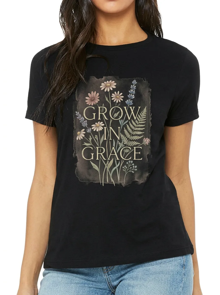 Women's Christian Faith Grow In Grace Floral Printed T-shirt