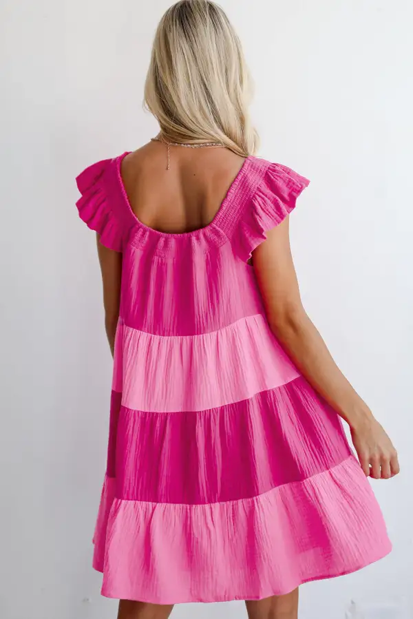 Tiered Tie Detail Mixed Panel Mini Dress