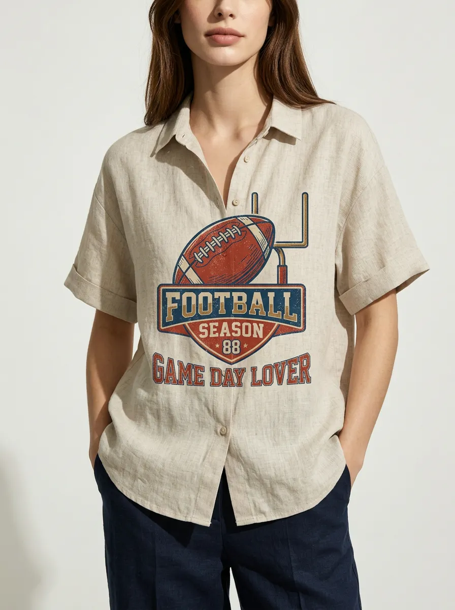 Women's Football Season Game Day Lover Printed Button-up Shirt