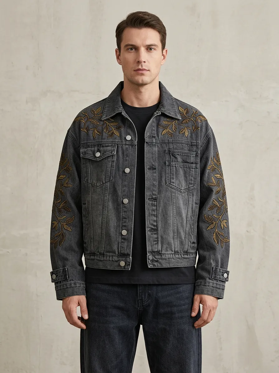 Men's Heritage Motif Floral Vintage Inspired Denim Jacket
