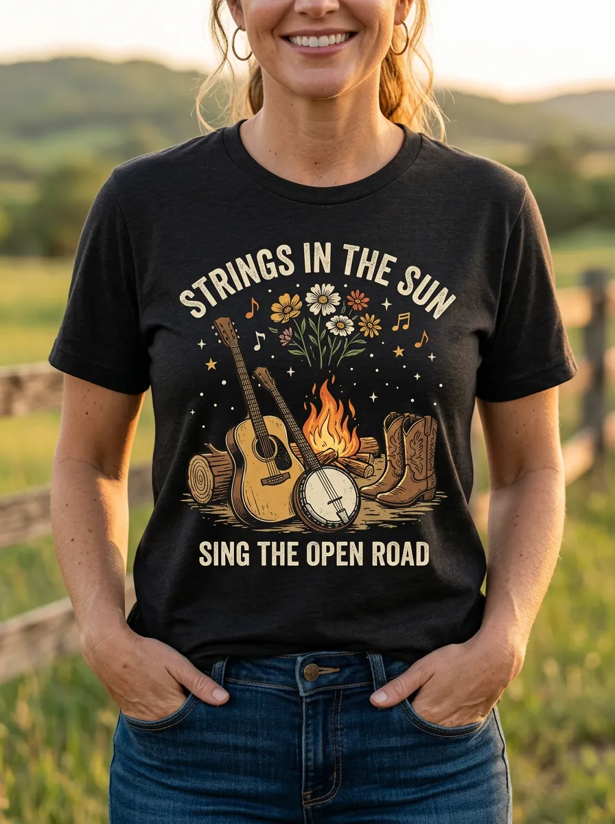 Country Music Guitar Banjo Campfire Crew Neck T-Shirt