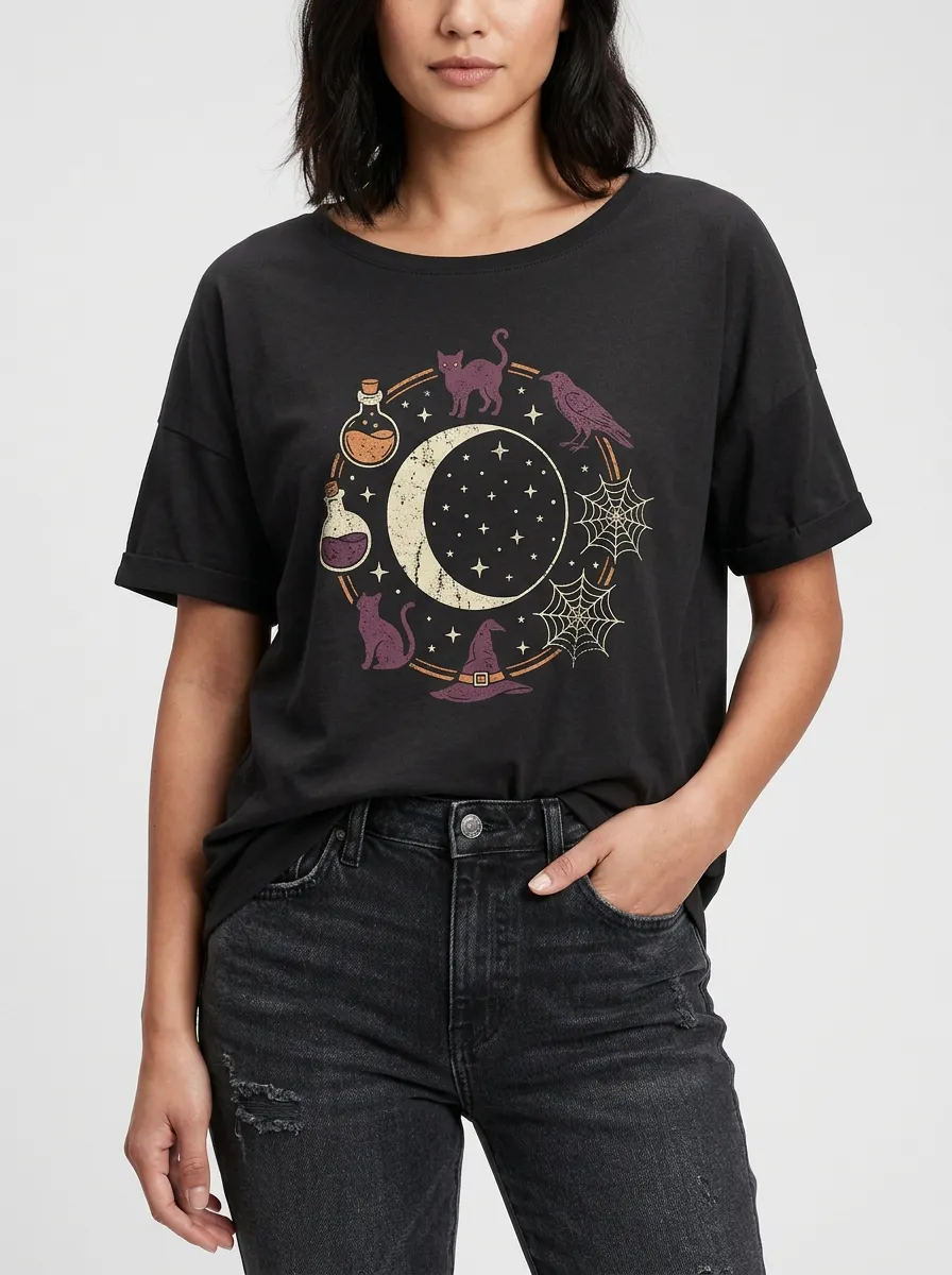 Women's Halloween Witchy Moon Cat Raven Printed T-shirt