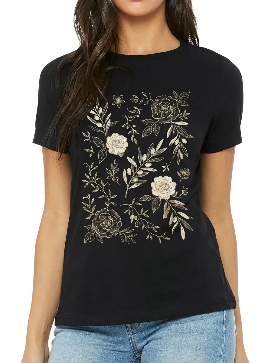 Women's Botanical Floral Rose Olive Branch Printed T-shirt