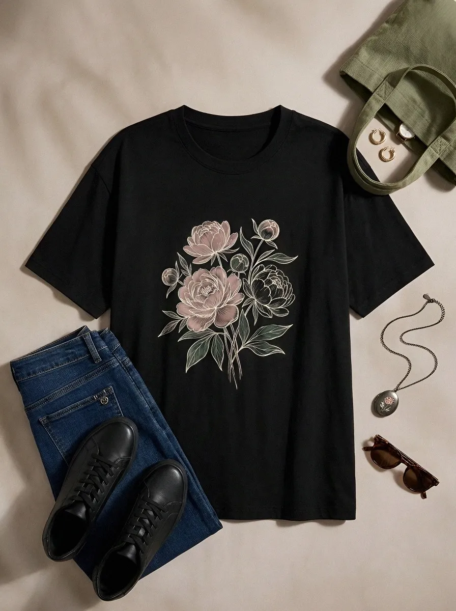 Women's Floral Lover Peony Bouquet Printed T-shirt