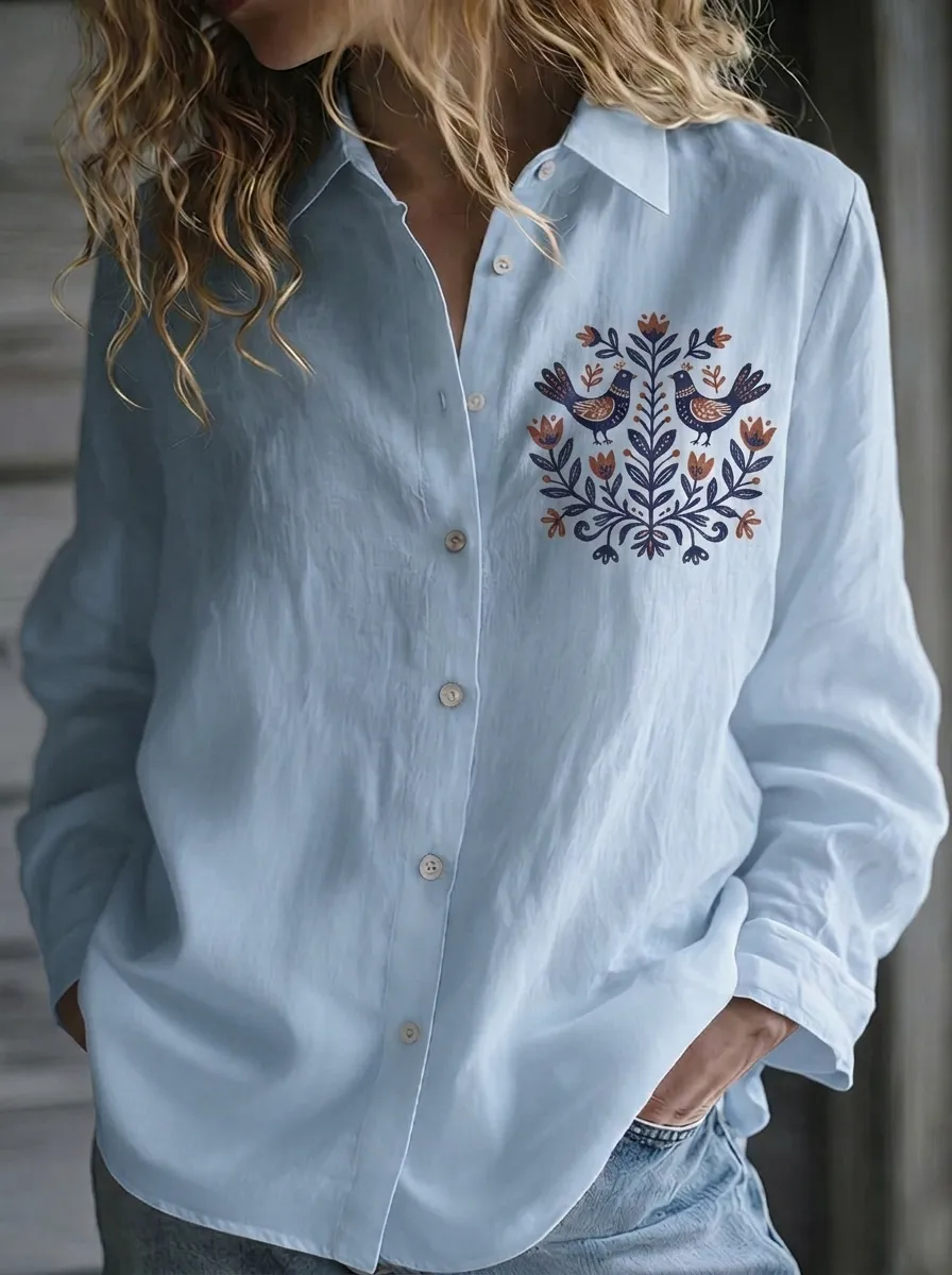 Women's Folk Art Bird Floral Printed Button-Down Shirt
