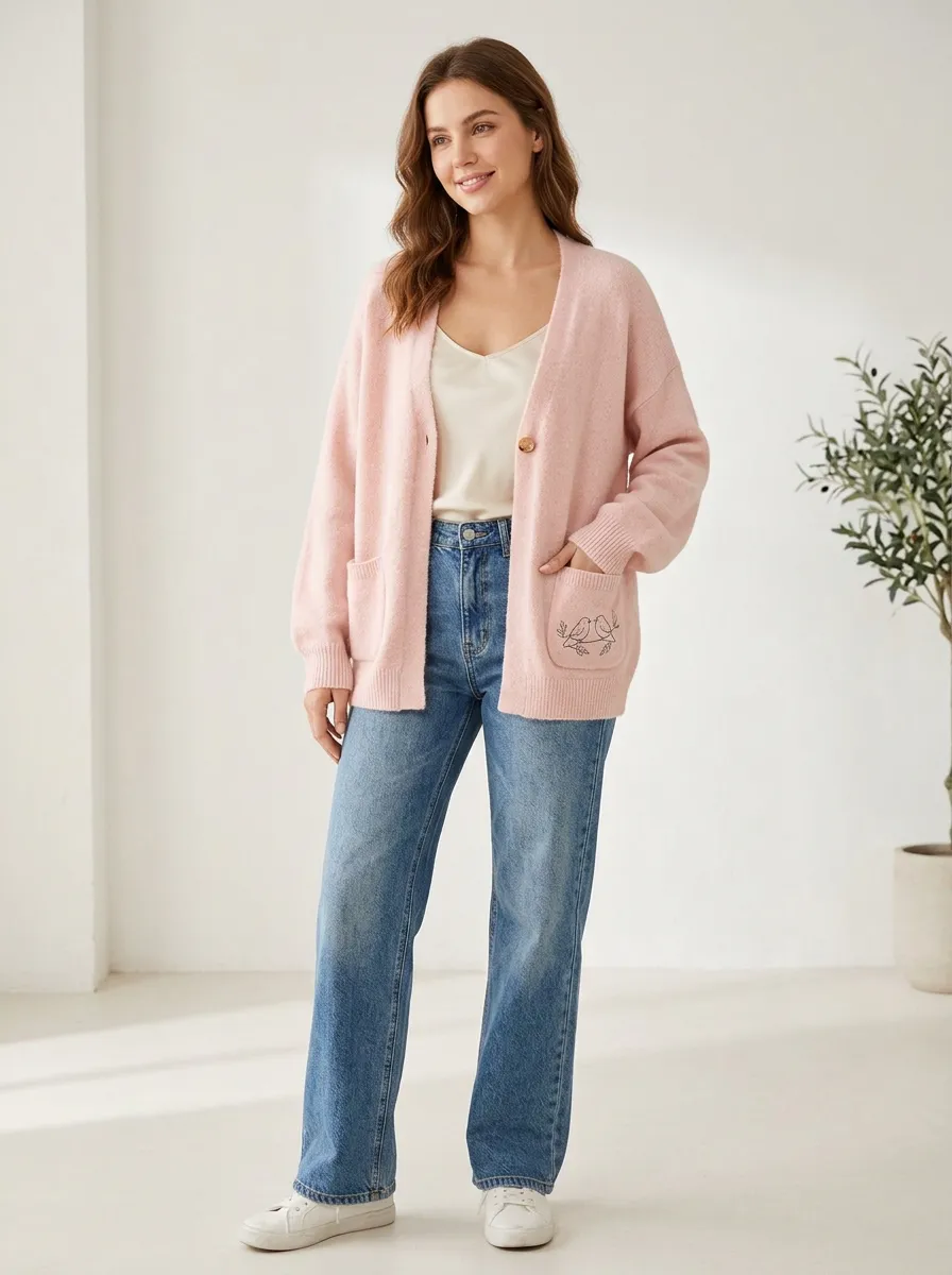 Pink Bird Line Art Print Cardigan