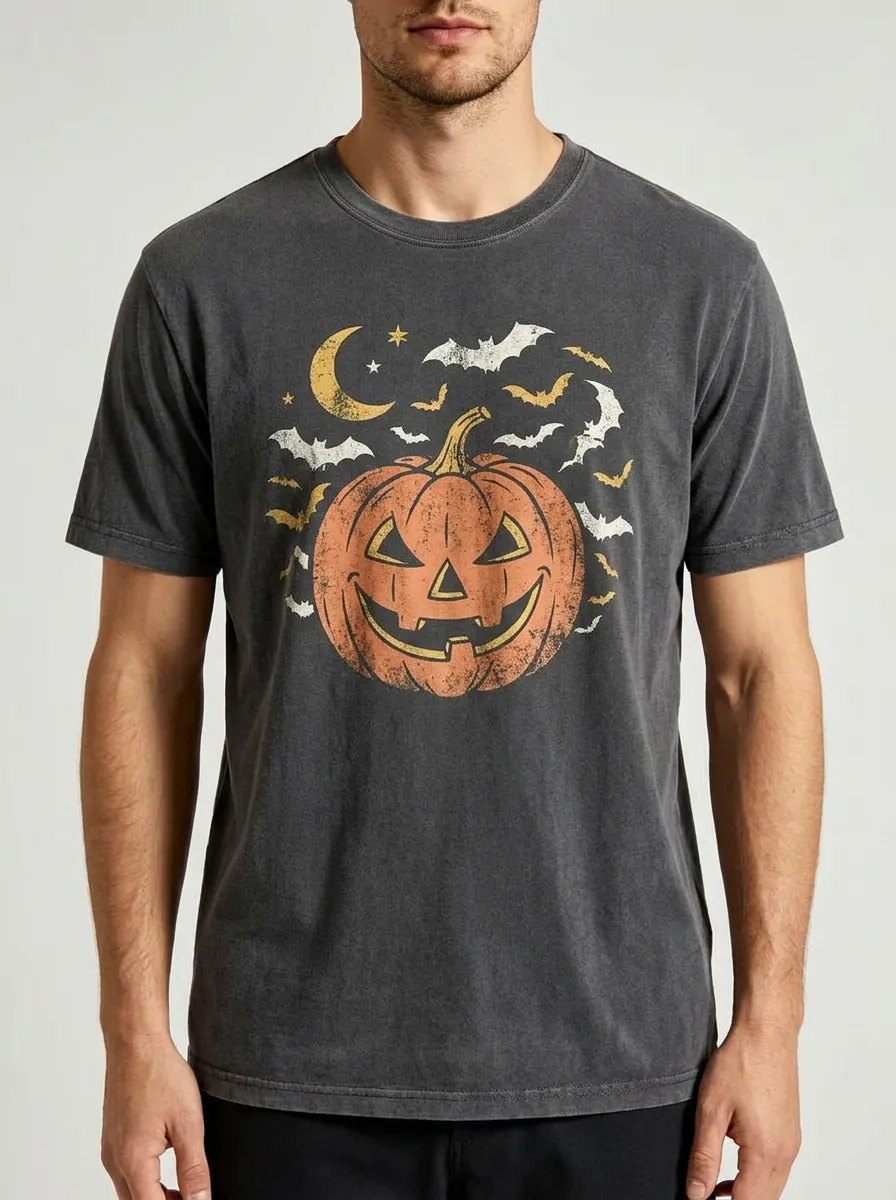 Men's Halloween Pumpkin Moon Bats Printed T-shirt