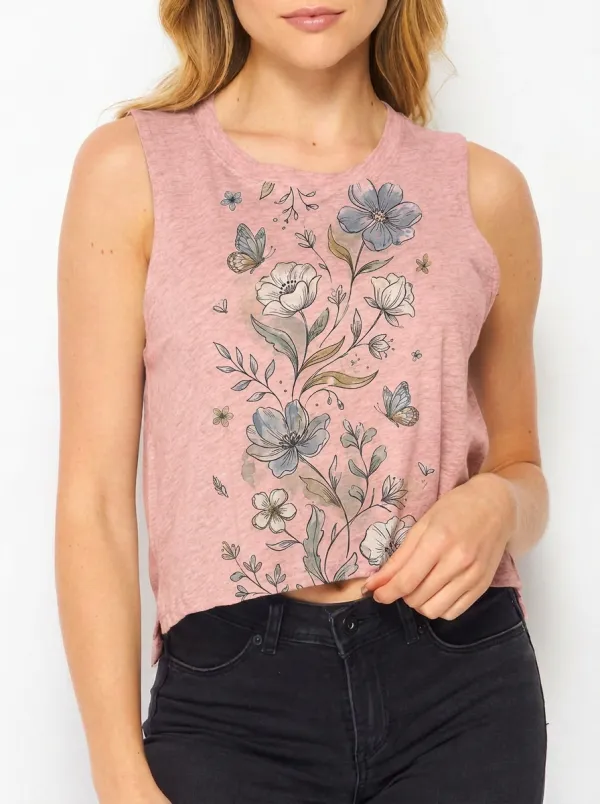 Women's Botanical Nature Lover Butterfly Floral Printed Tank Top