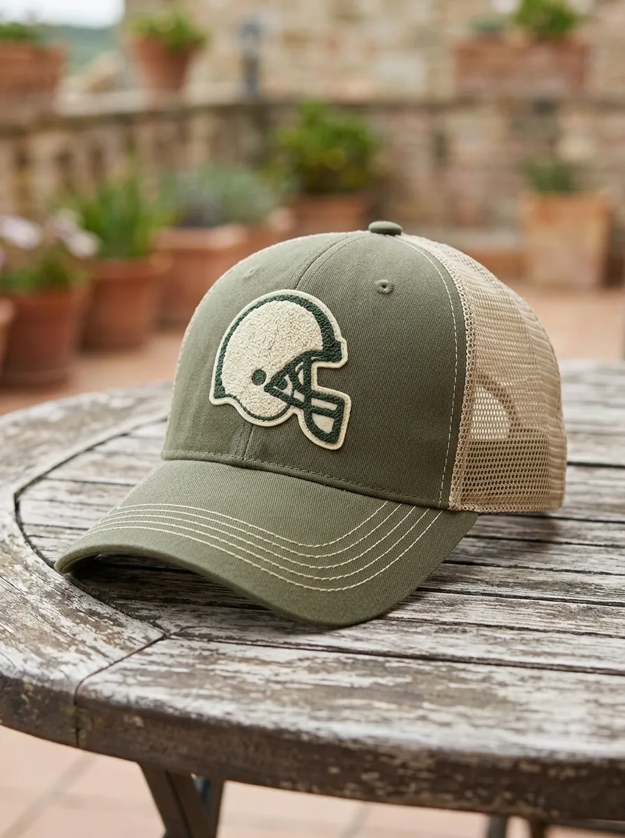 Unisex Football Fan Olive Green Helmet Embroidered Trucker Cap