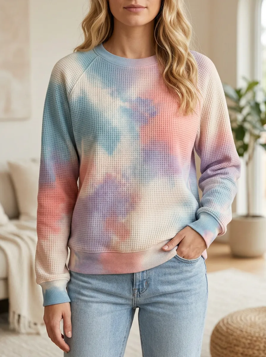 Women's Everyday Pastel Tie Dye Waffle Knit Crewneck Sweatshirt