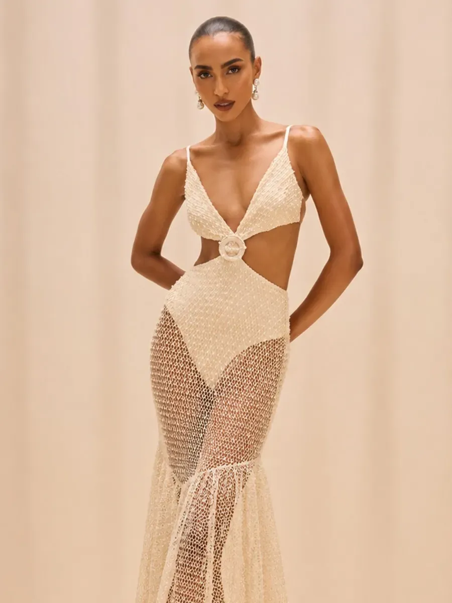Celeste Crochet Cut Out Mermaid Maxi Dress in Ivory