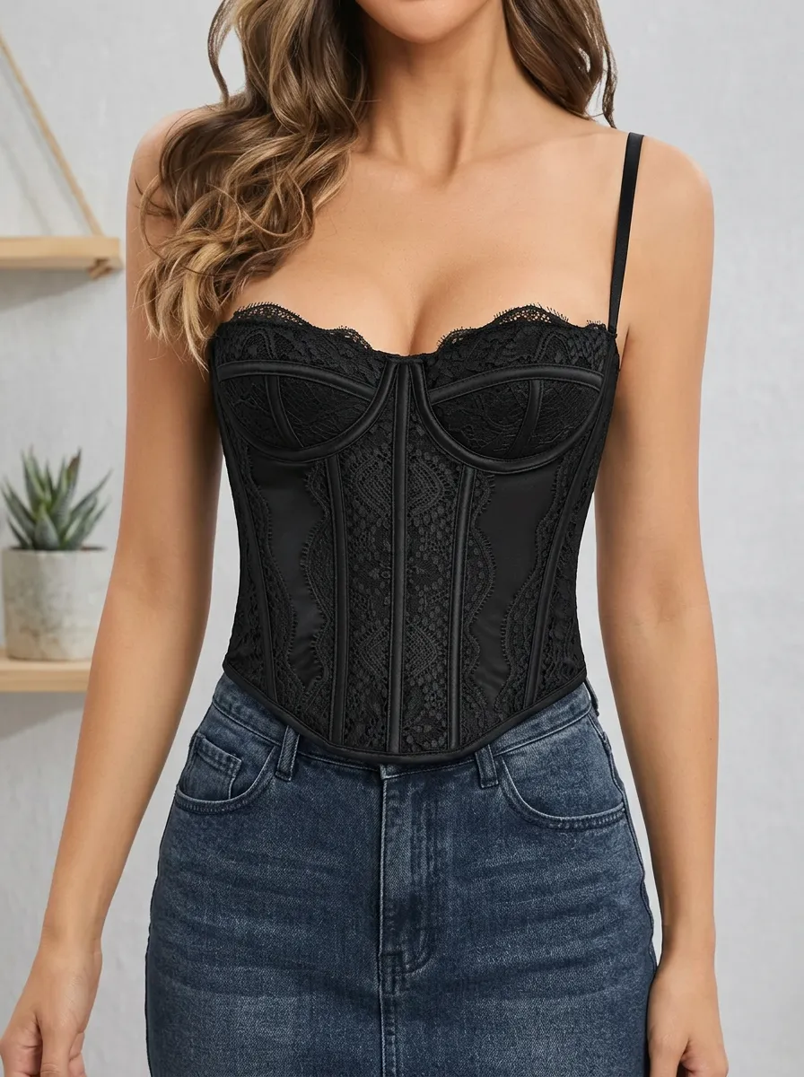 Lace-Panel Sheer-Panel Sweetheart-Neck Women's Corset Top