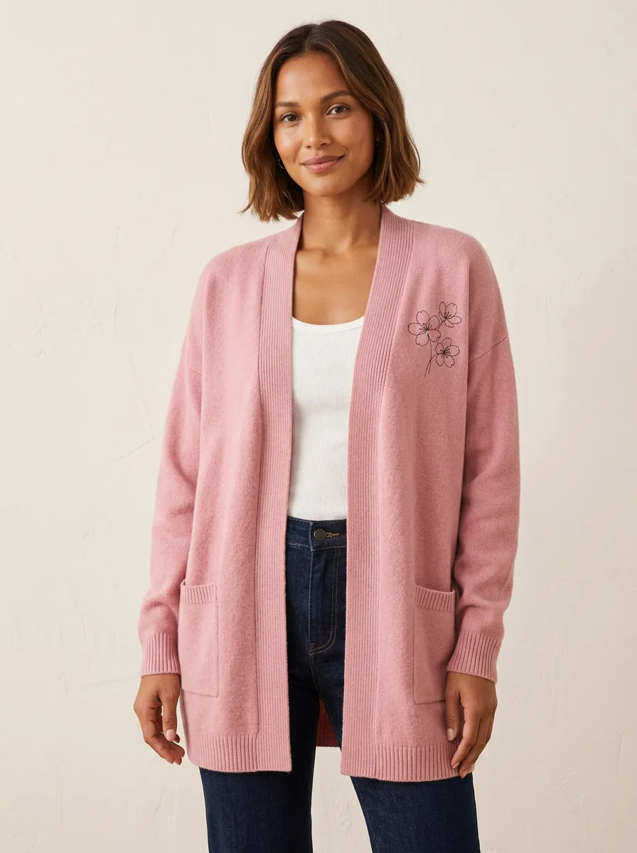 Women's Floral Minimalist Pink Cherry Blossom Printed Casual Cardigan