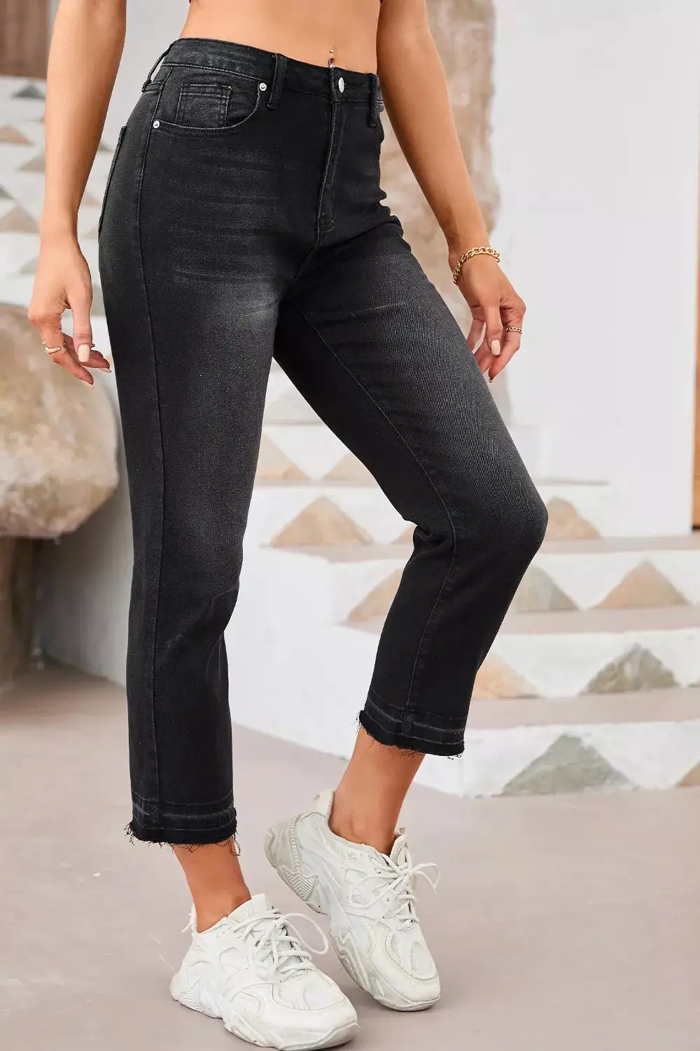 High-Waisted Distressed Hem Straight Leg Jeans For Ladies