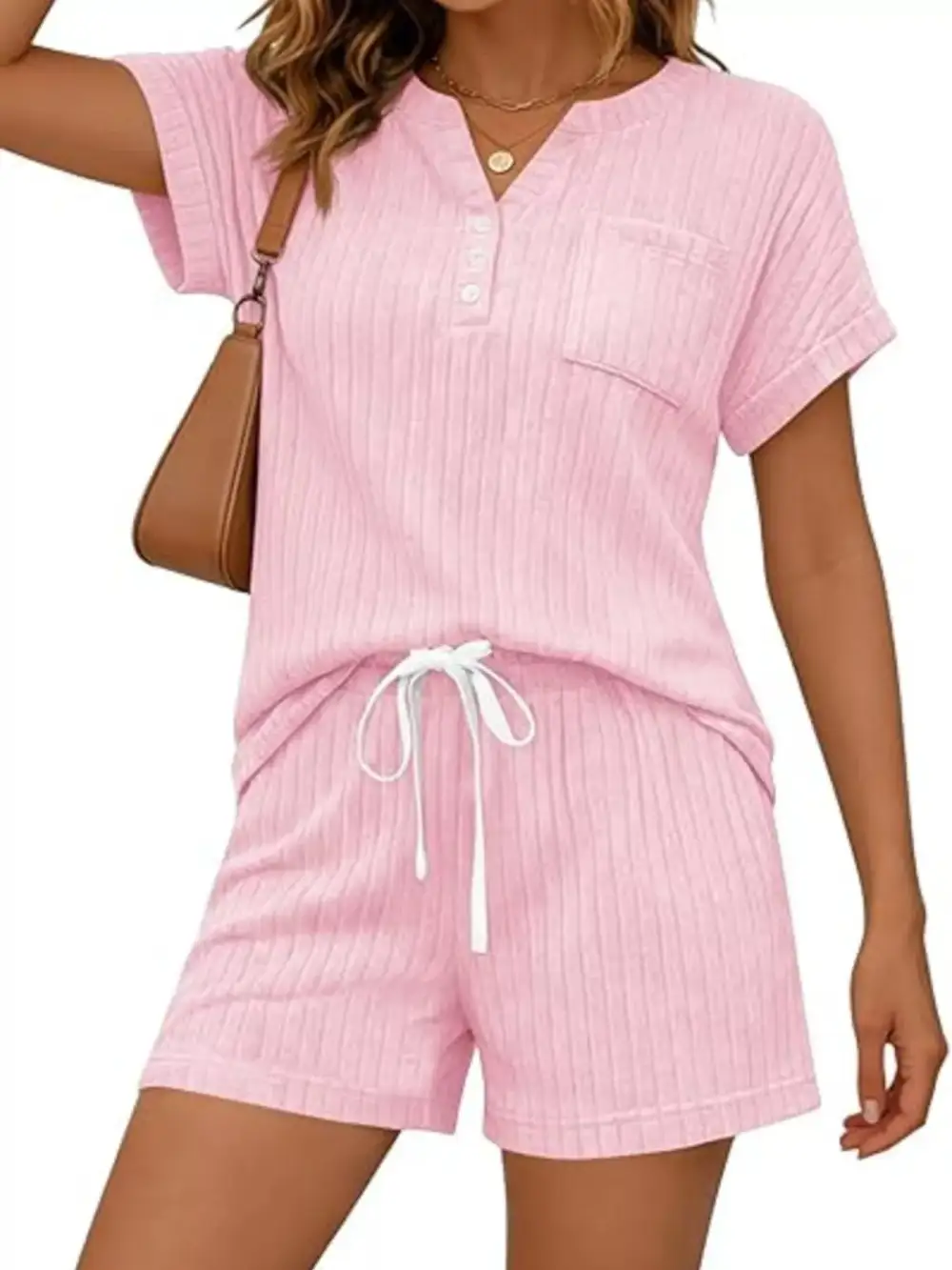 Casual Ribbed Knit Tee Shorts Set