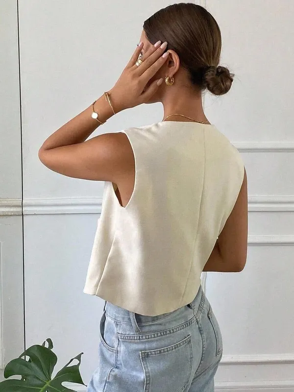 Beige Pocket Round Neck Vest